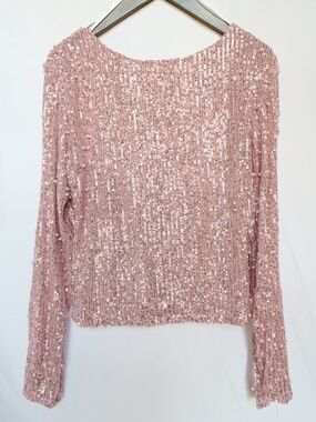 Pink Sequin Pearl Embellished Top | Long Sleeve Party Top | Glam Statement